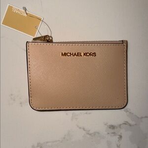 Michael Kors Leather Card Holder with Coin Pouch with Rose Gold Accent